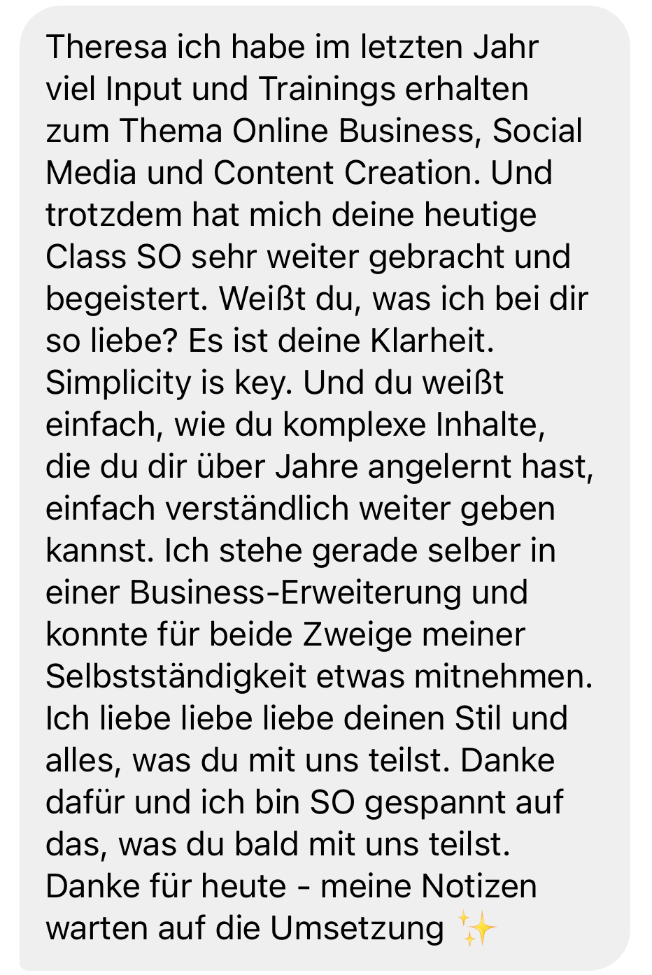 Nachricht einer Teilnehmerin über Input und Trainings