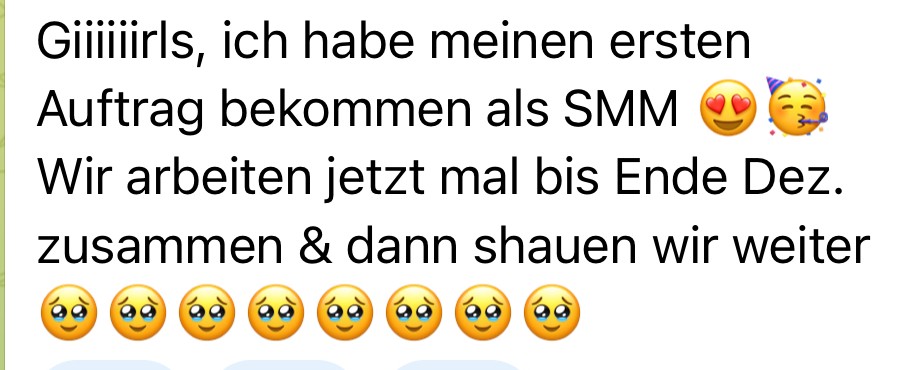 Nachricht einer Teilnehmerin über ihren ersten Auftrag im Social Media Management