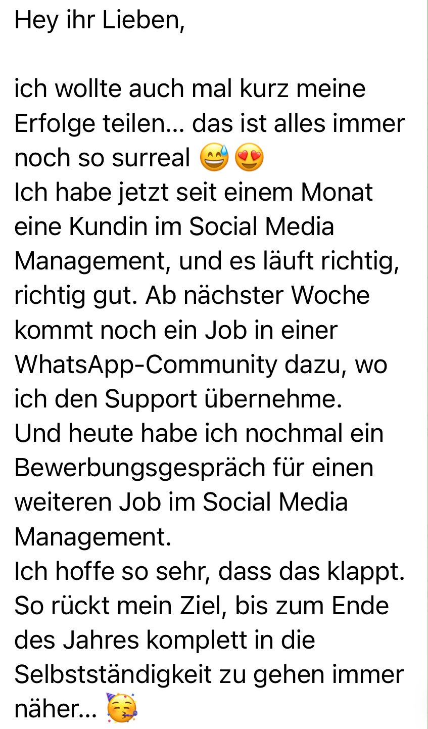 Nachricht einer Teilnehmerin über ihren Weg in die Selbstständigkeit