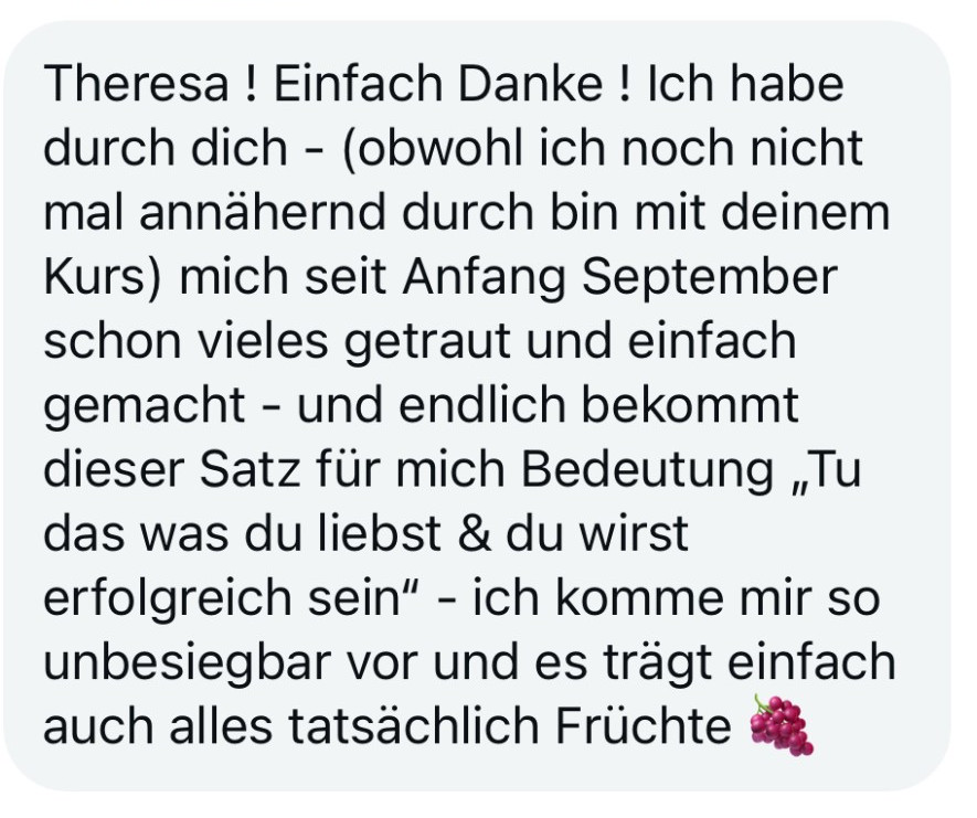 Nachricht einer Teilnehmerin über ihre Entwicklung seit dem Kurs