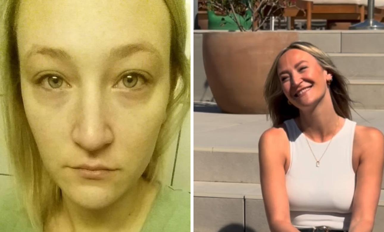 Links Theresa erschöpft, rechts Theresa lachend in der Sonne